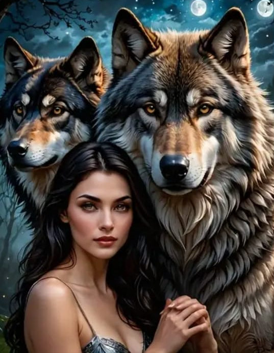 Femme et deux loups